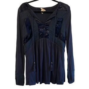 Sundance Peasant Top Velvet Lace Detail Tassel Navy Blue Long Sleeve Size S
